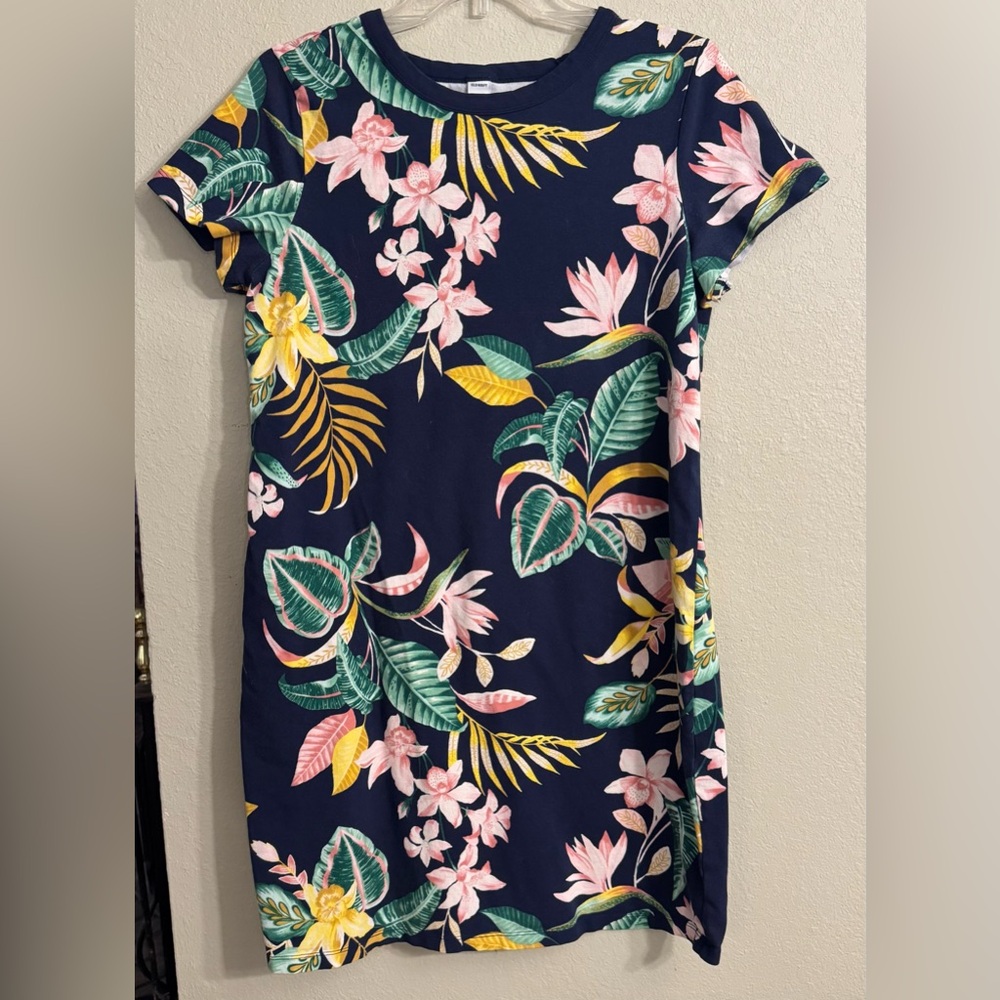 Old Navy Women’s Navy Blue Tropical Floral Shift Dress Short Sleeve Size Large
